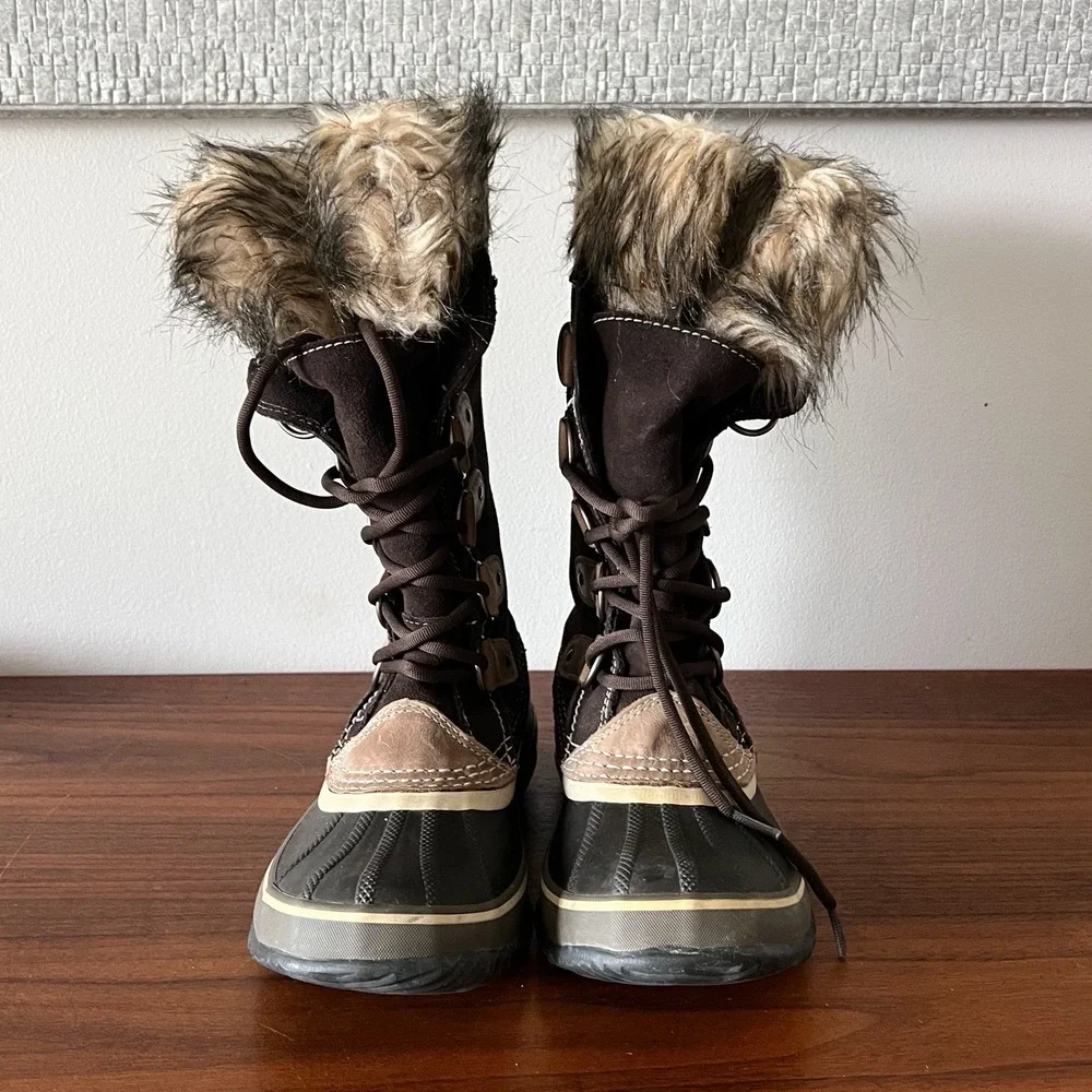 Sorel Joan Of Arctic Boots Womens Size 7 38 Brown Suede Faux Fur Snow Waterproof